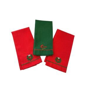 Vintage Embroidered Christmas Tea Towels Linen Polyester Set Of Three EUC